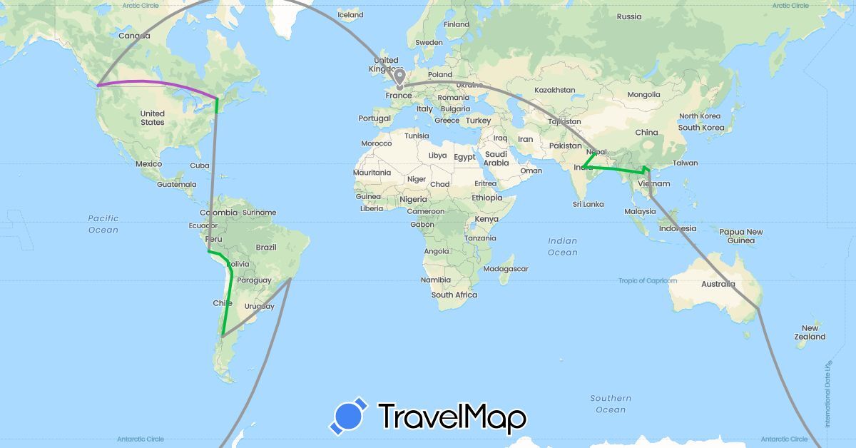 TravelMap itinerary: driving, bus, plane, train in Argentina, Australia, Bolivia, Brazil, Canada, France, India, Laos, Nepal, Peru, United States, Vietnam (Asia, Europe, North America, Oceania, South America)